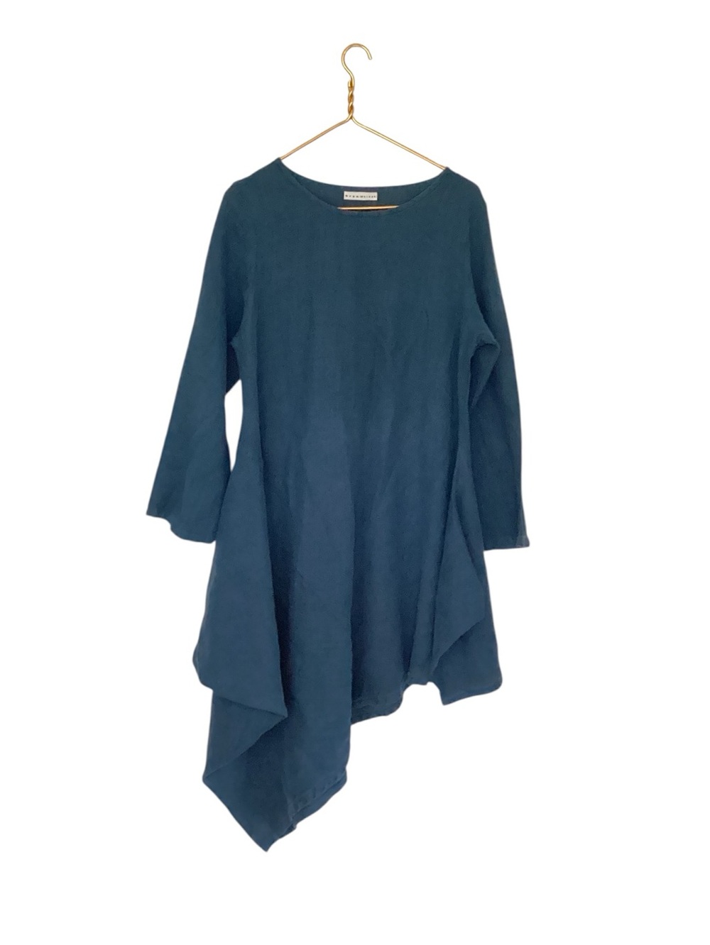 Bryn Walker Navy Blue Linen Tunic Top Asymmetrical Hem Lagenlook Boho Womens M
